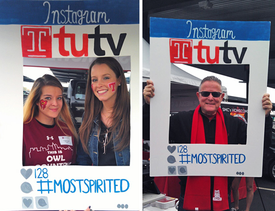 PRowl students and Dean Boardman posing with the TUTV #MostSpirited Instagram cut-out