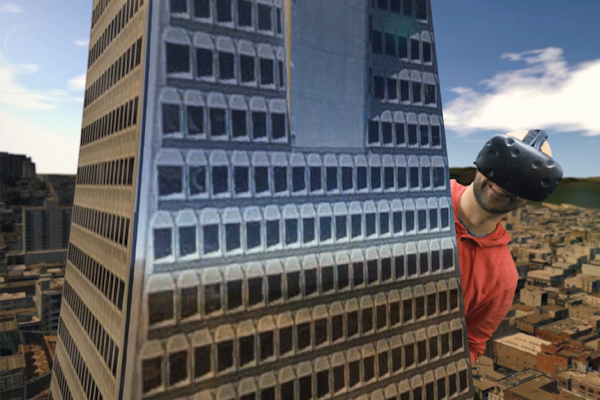 City VR screenshot - man in HMD is as big as building