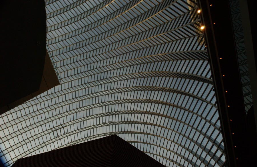 Seemingly almost in flight as in an upward view parts of various Kimmel Center venues frame a section of the music center's overarching roof.  The Kimmel Center dominates Philadelphia's Broad Street south of City Hall.