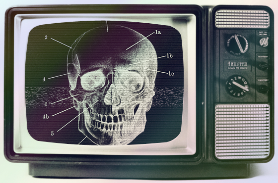 Graphic with a scary skull in a TV set